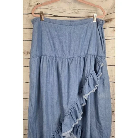 Scully Chambray Ruffle Faux Wrap Western Skirt XL Midi Boho Festival 100% Cotton - Picture 2 of 5